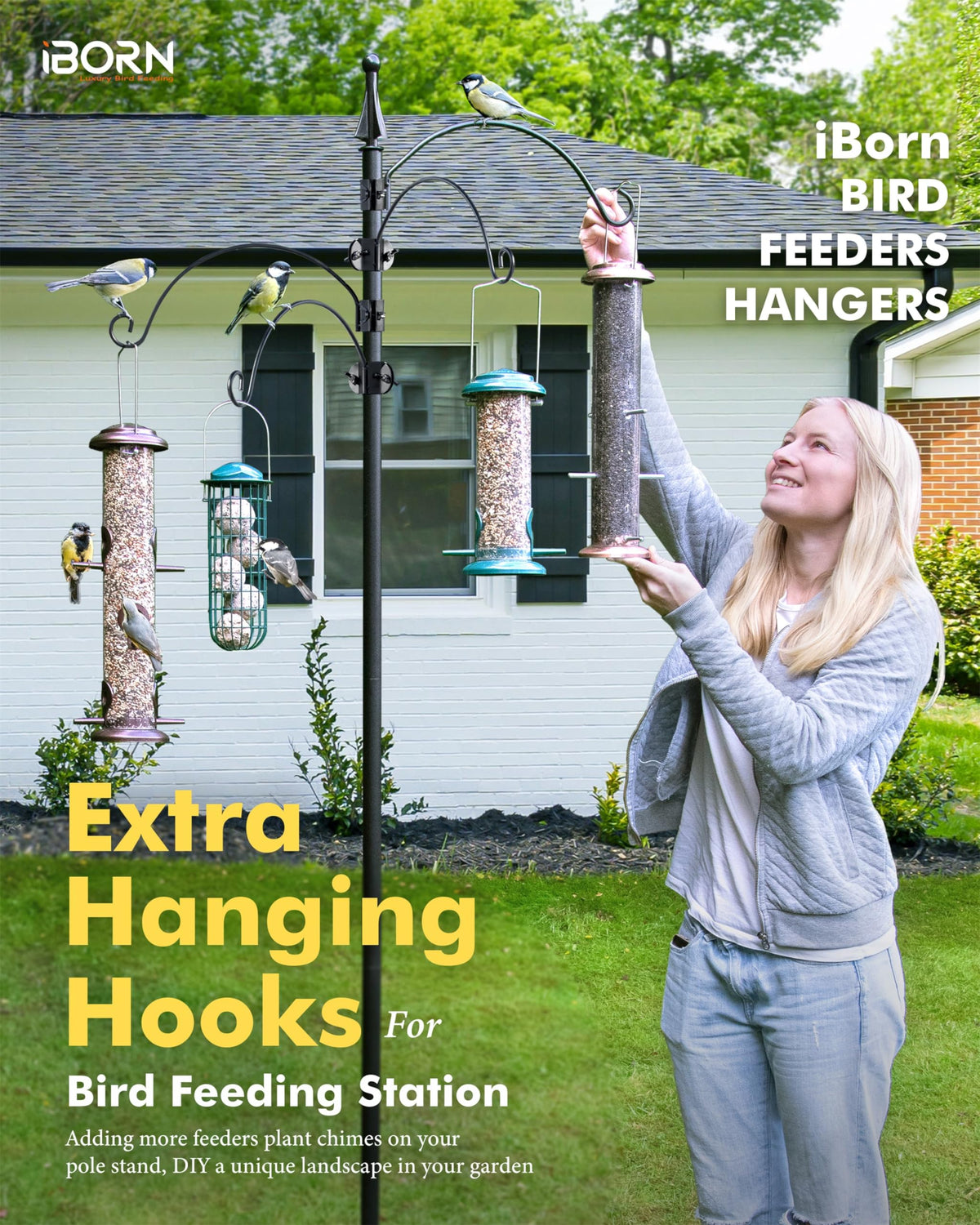 iBorn bird feeder station hooks on a 1 inch pole for versatile outdoor hanging
