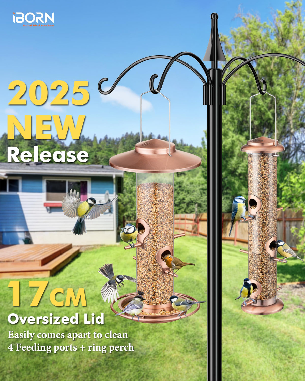 iBorn bird feeder outdoors 17cm lid protects feeding ports from rain and rust