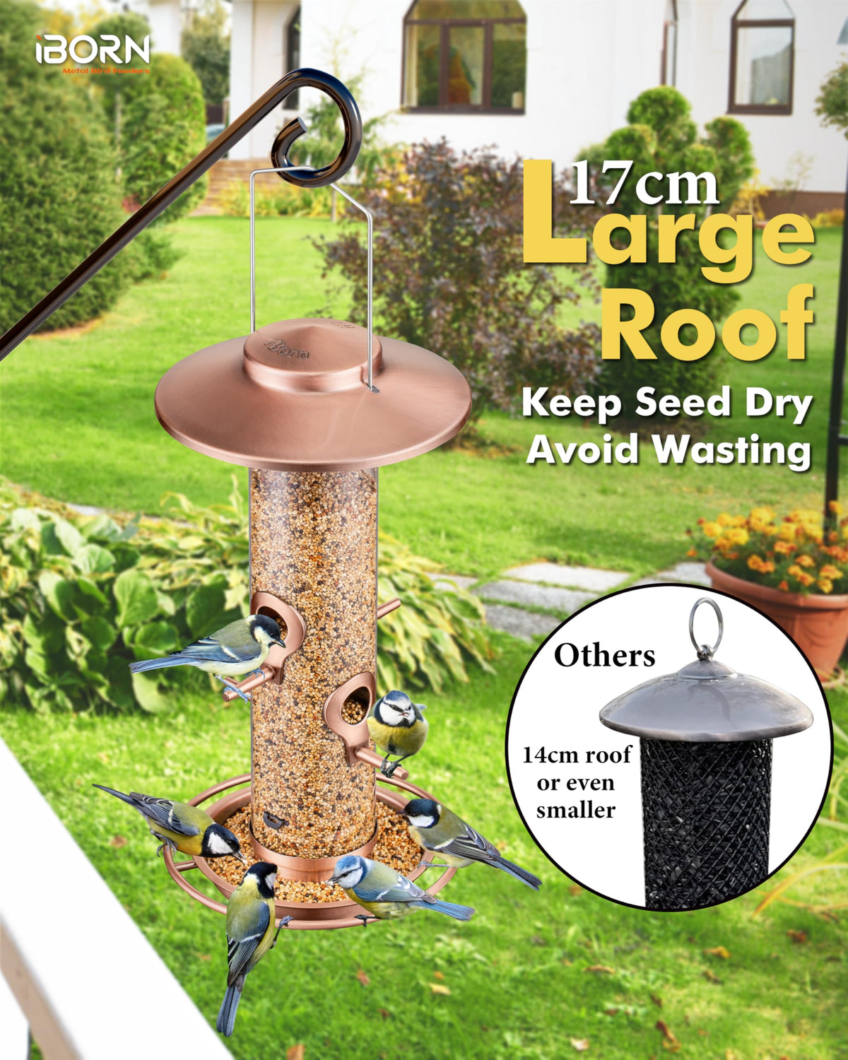 iBorn bird feeder outdoors drainage holes keep seeds dry and prevent soggy clumps