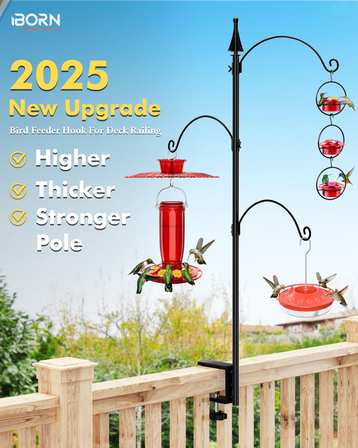 iBorn deck rail hanger with three hooks swivels for flexible feeder placement.