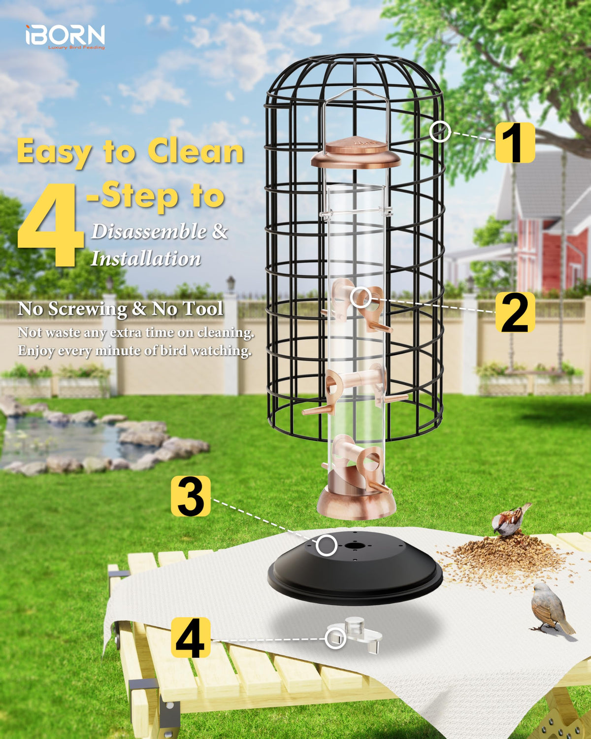 iBorn 14 inch capacity feeder reduces refills during busy bird activity