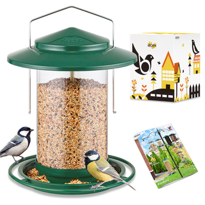 iBorn Metal Bird Feeder outdoors hanging with large-capacity seed storage.