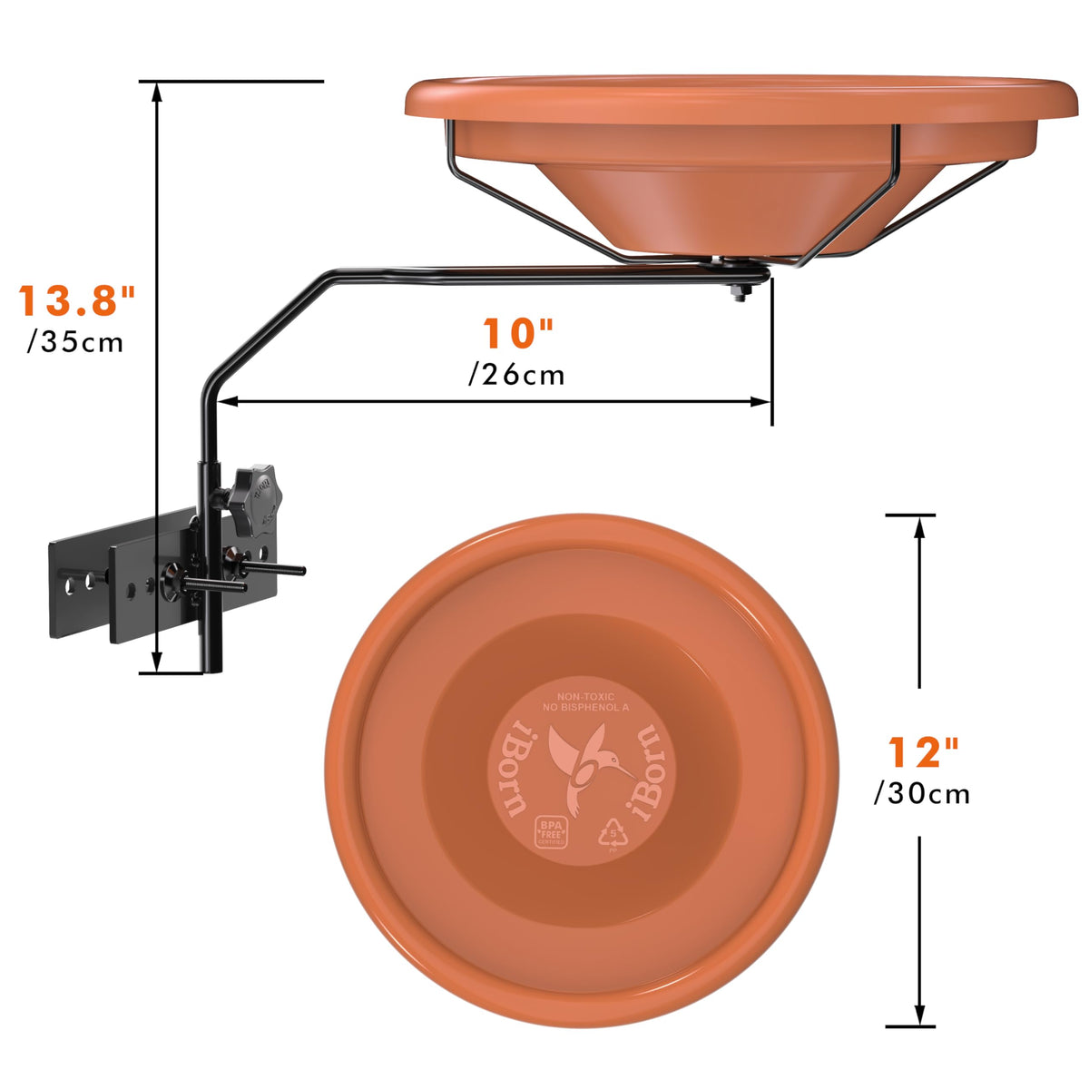 iBorn metal ring holder secures the bath on a fence railing for easy access.
