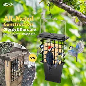 iBorn Metal Suet Feeder fixed hanger resists wind and swinging.