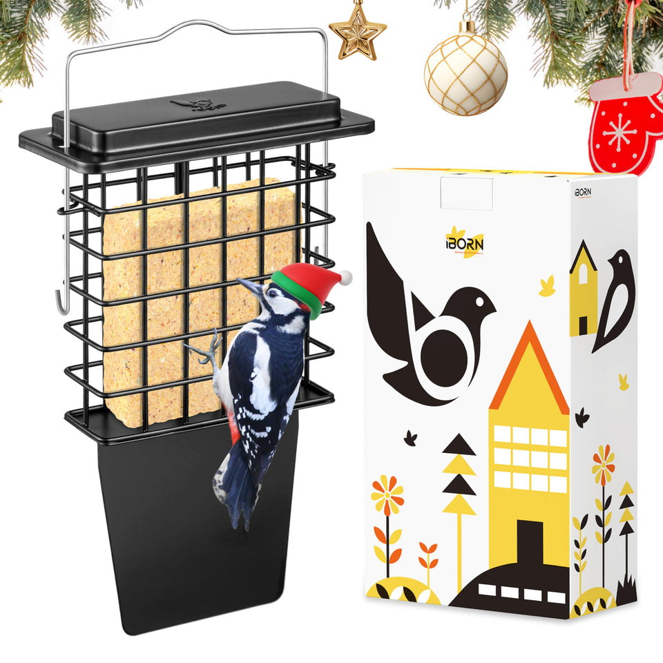 iBorn Metal Suet Feeder with Tail Prop offers stable woodpecker feeding outdoors.