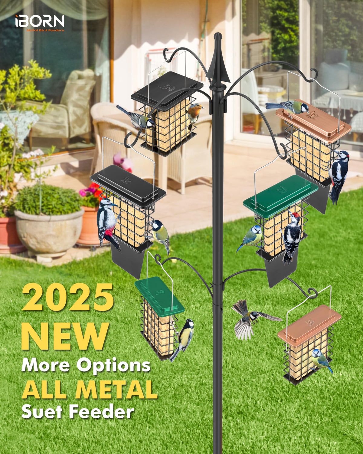 iBorn Metal Suet Feeder's taller grid improves grip for woodpeckers and small birds.
