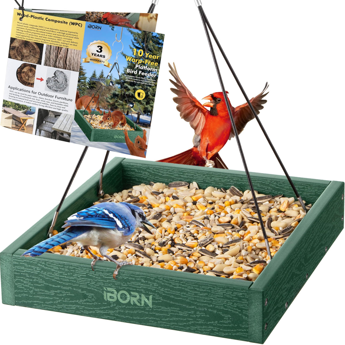 iBorn platform bird feeder tray front view highlights durable cedar-look finish for outdoor wildlife feeding.