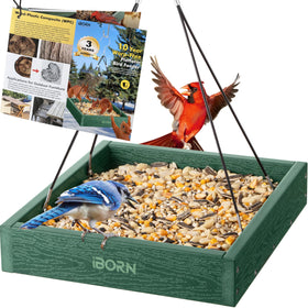 iBorn platform bird feeder tray front view highlights durable cedar-look finish for outdoor wildlife feeding.