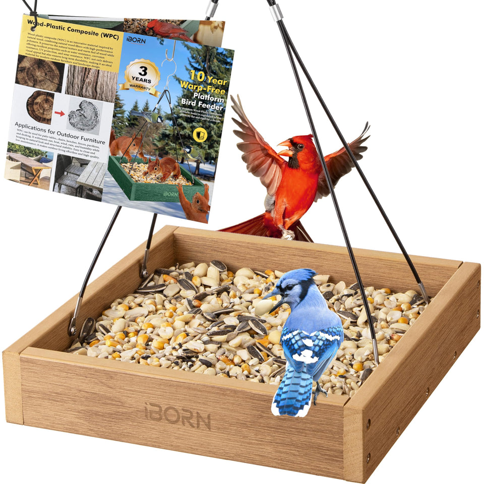 iBorn platform bird feeder tray outdoors, 10.6x10.6 inches, stable backyard feeding station.