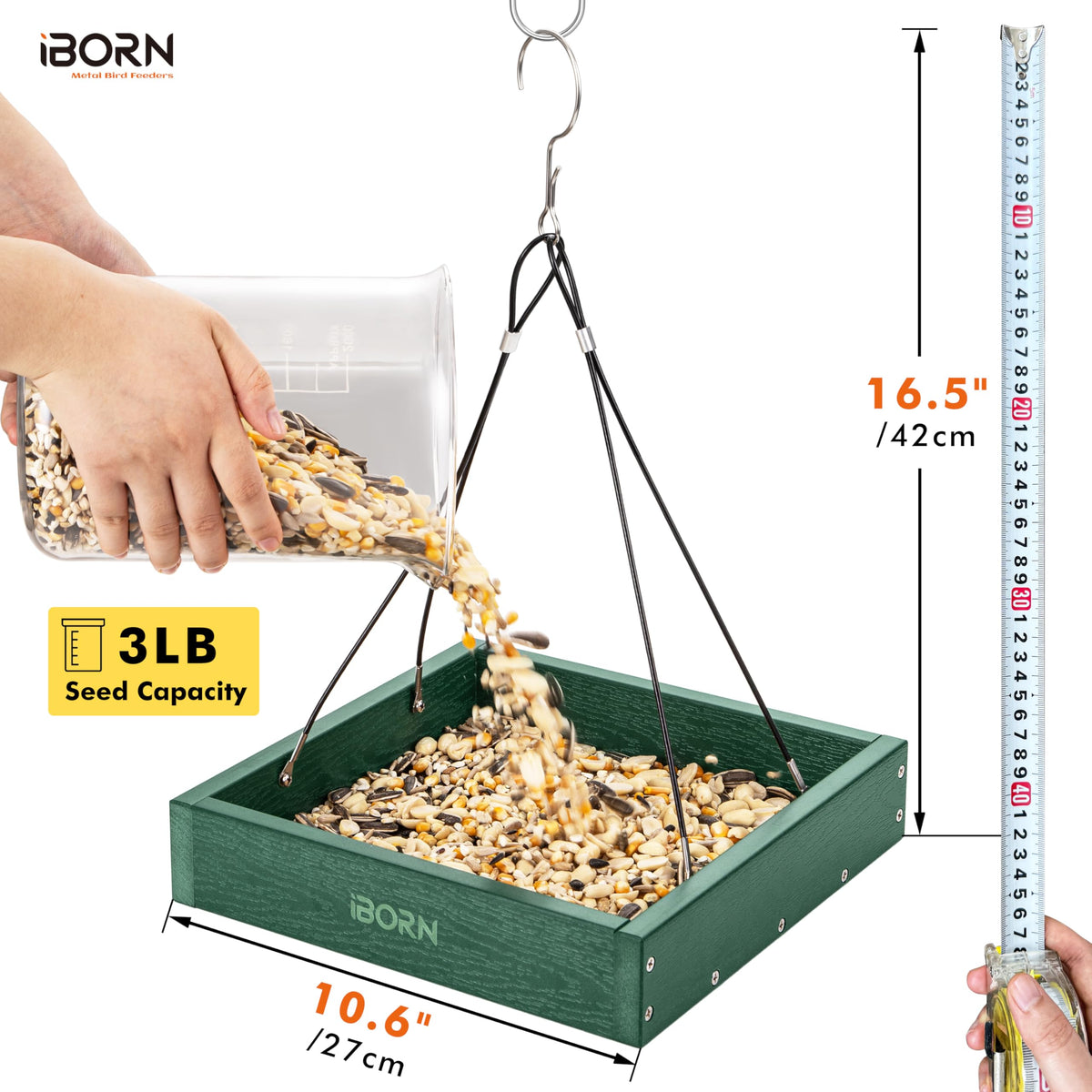 iBorn platform bird feeder tray side view shows weatherproof construction for year-round feeding.