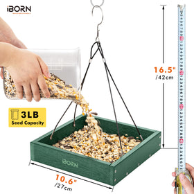 iBorn platform bird feeder tray side view shows weatherproof construction for year-round feeding.