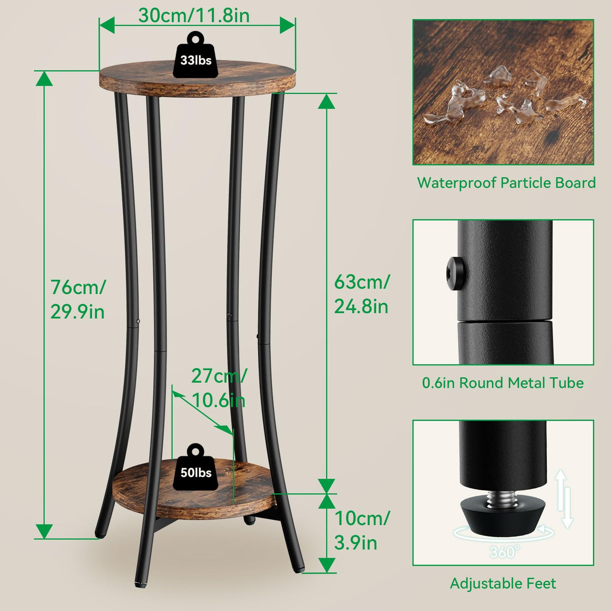 IBUYKE two-tier wood shelf close-up reveals woodgrain finish and sturdy joints.