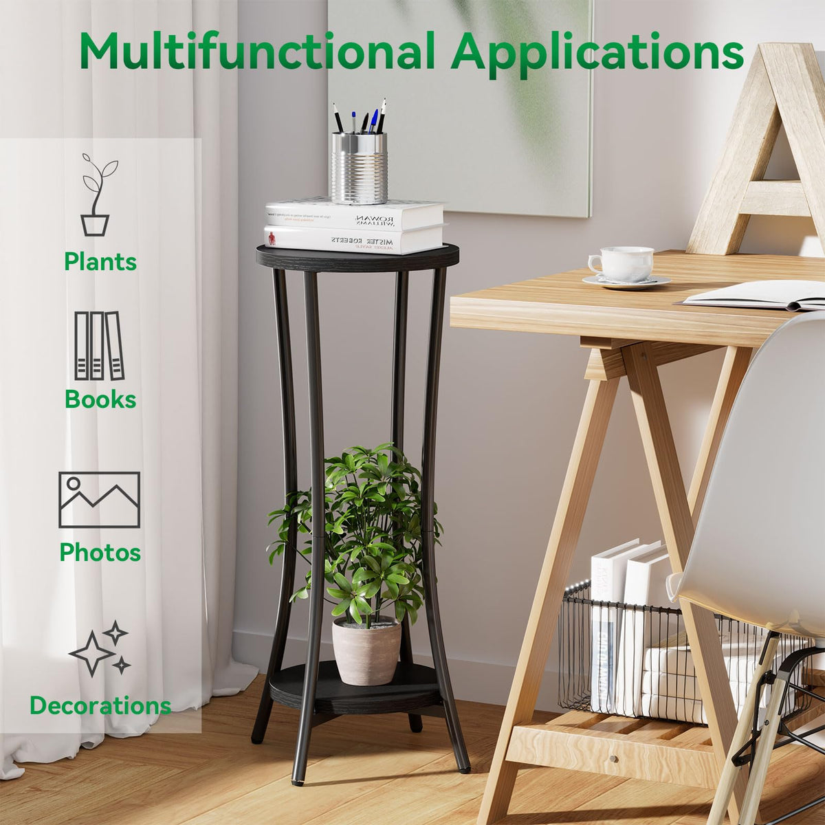 IBUYKE Multipurpose plant stand doubles as side table or shelf.
