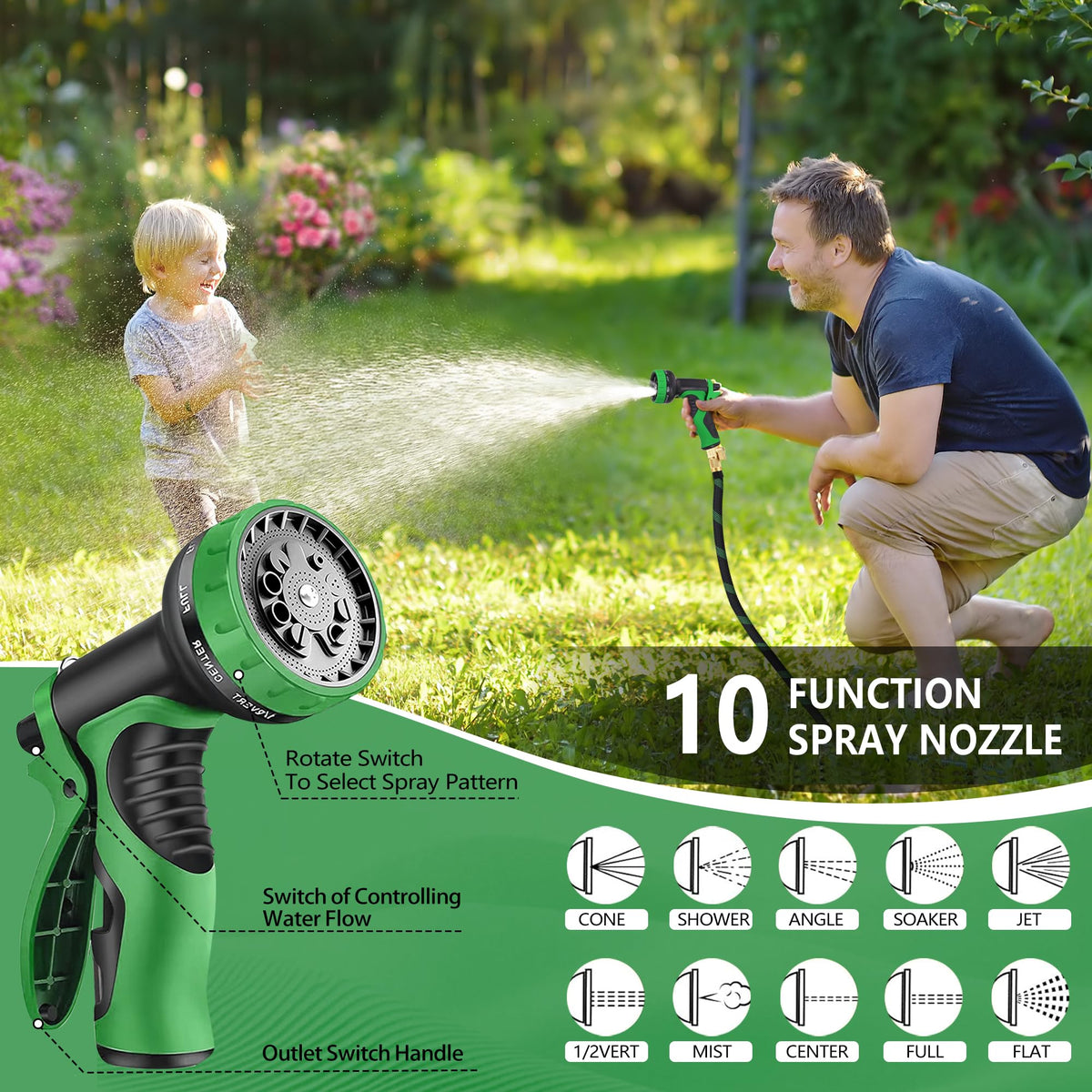 IBXFO 10-pattern nozzle provides versatile spray options for lawns and cleaning.