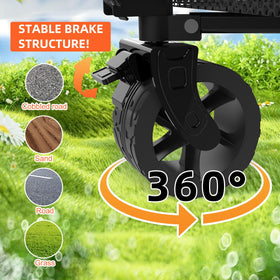 iChuvo all-terrain wheels with brakes glide on grass, sand, and pavement.