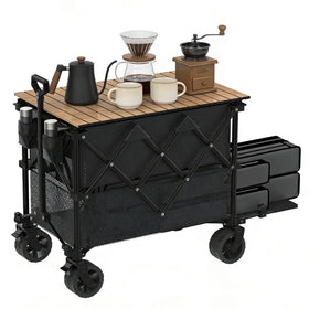 iChuvo double-decker wagon with table and extended lower compartment for extra storage on camping trips.
