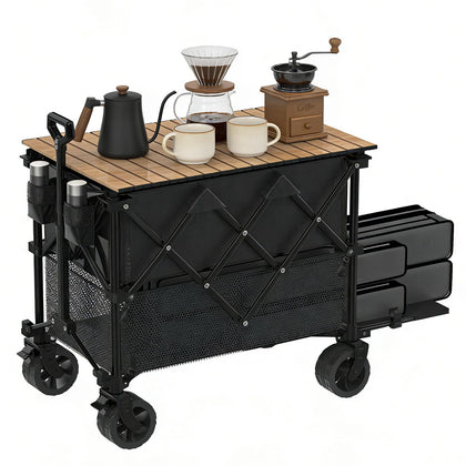 iChuvo double-decker wagon with table and extended lower compartment for extra storage on camping trips.