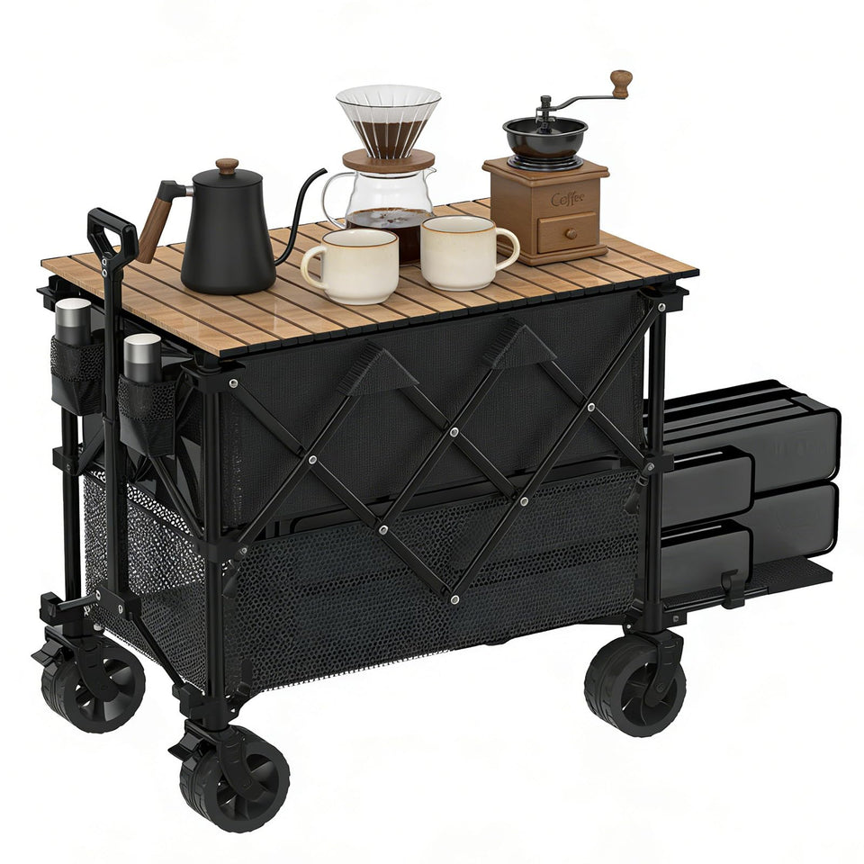 iChuvo double-decker wagon with table and extended lower compartment for extra storage on camping trips.