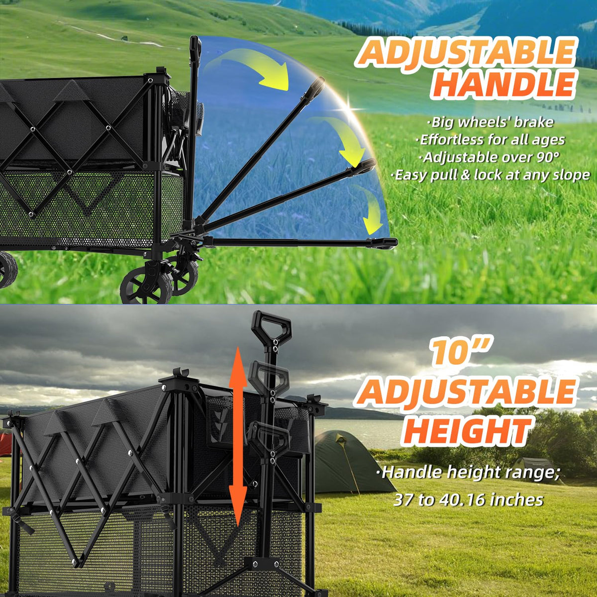 iChuvo wagon with adjustable-height ergonomic handle helps pull on slopes.