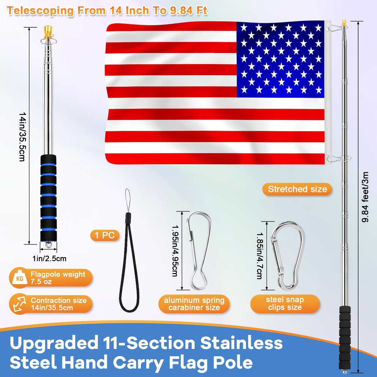 ICOMEY collapsible flag pole design for easy transport in backpack.