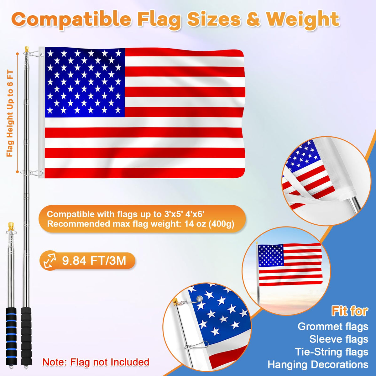 ICOMEY flag pole with two clip styles to fit different flags.
