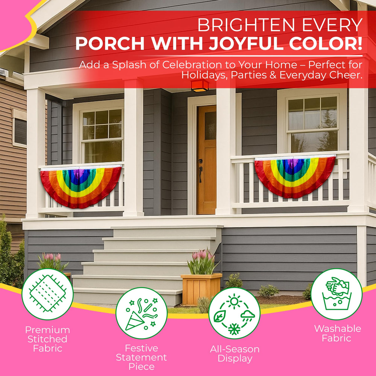 Iconikal indoor-outdoor rainbow banner brightens events in any space.