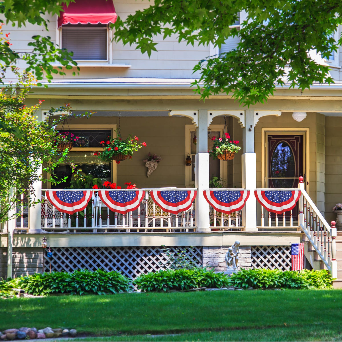 Iconikal porch bunting hangs easily with built-in grommets for quick setup.
