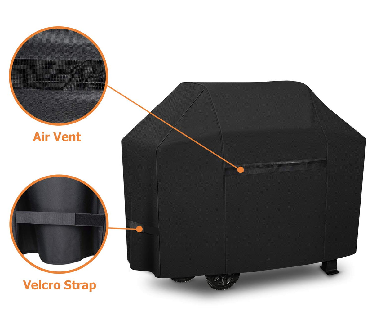 Front vent design on iCOVER grill cover keeps grill dry.