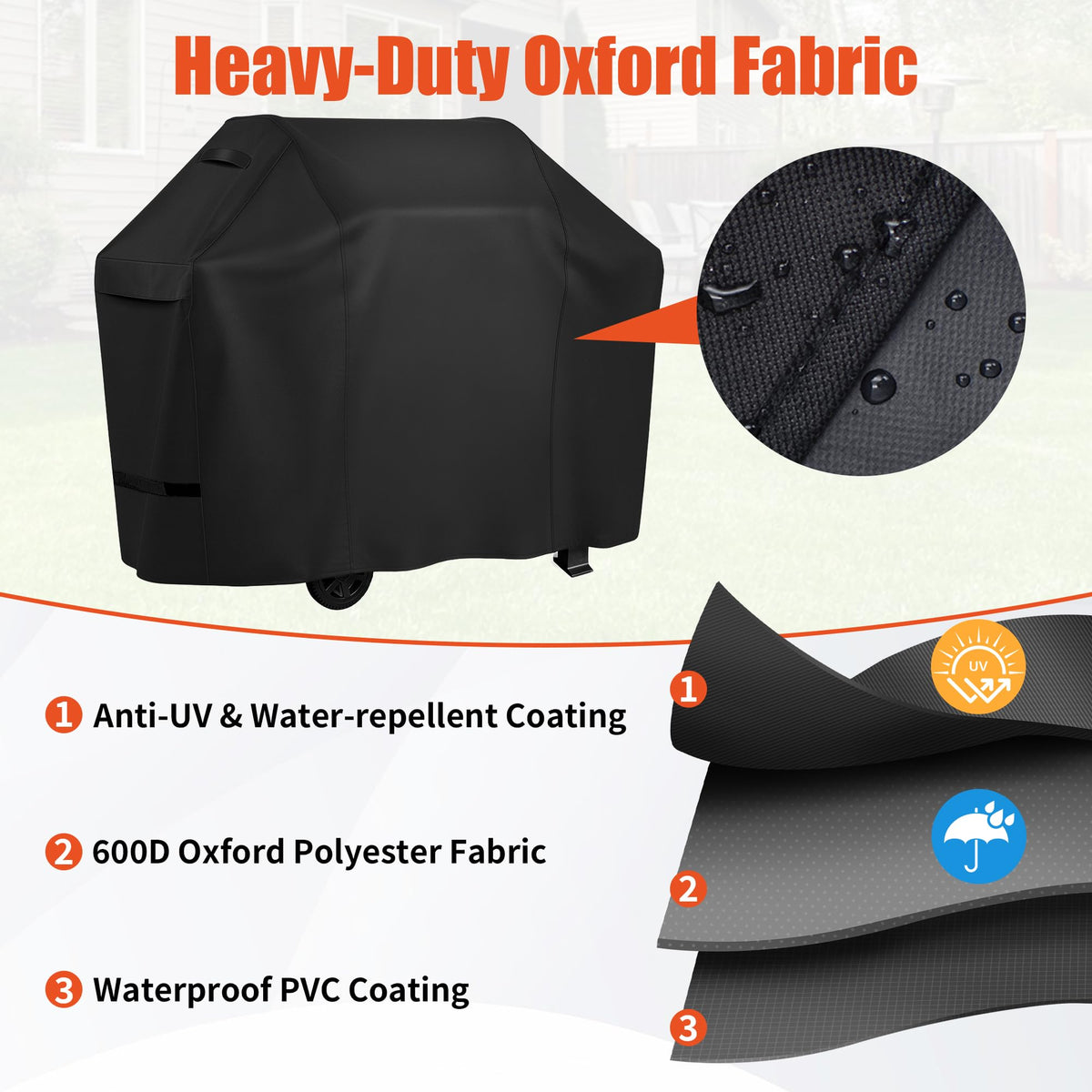 iCOVER waterproof PVC coating keeps your grill dry during rain showers.