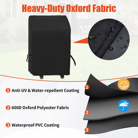 iCOVER small grill cover on a two-burner grill showing proper fit and protection.