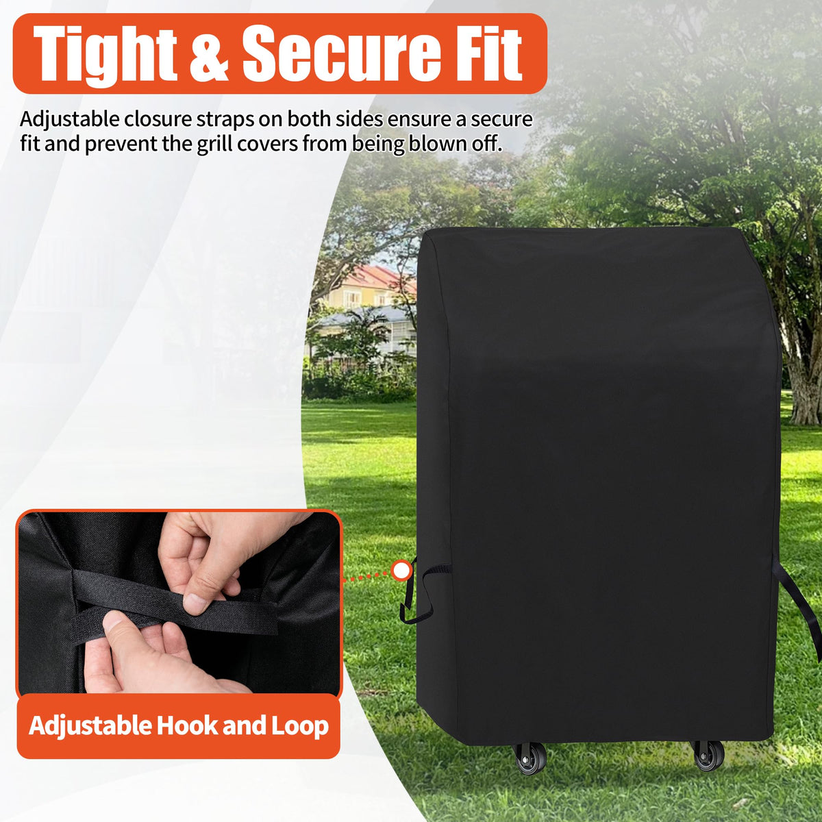 iCOVER small grill cover strap-closure detail illustrating secure wind resistance.