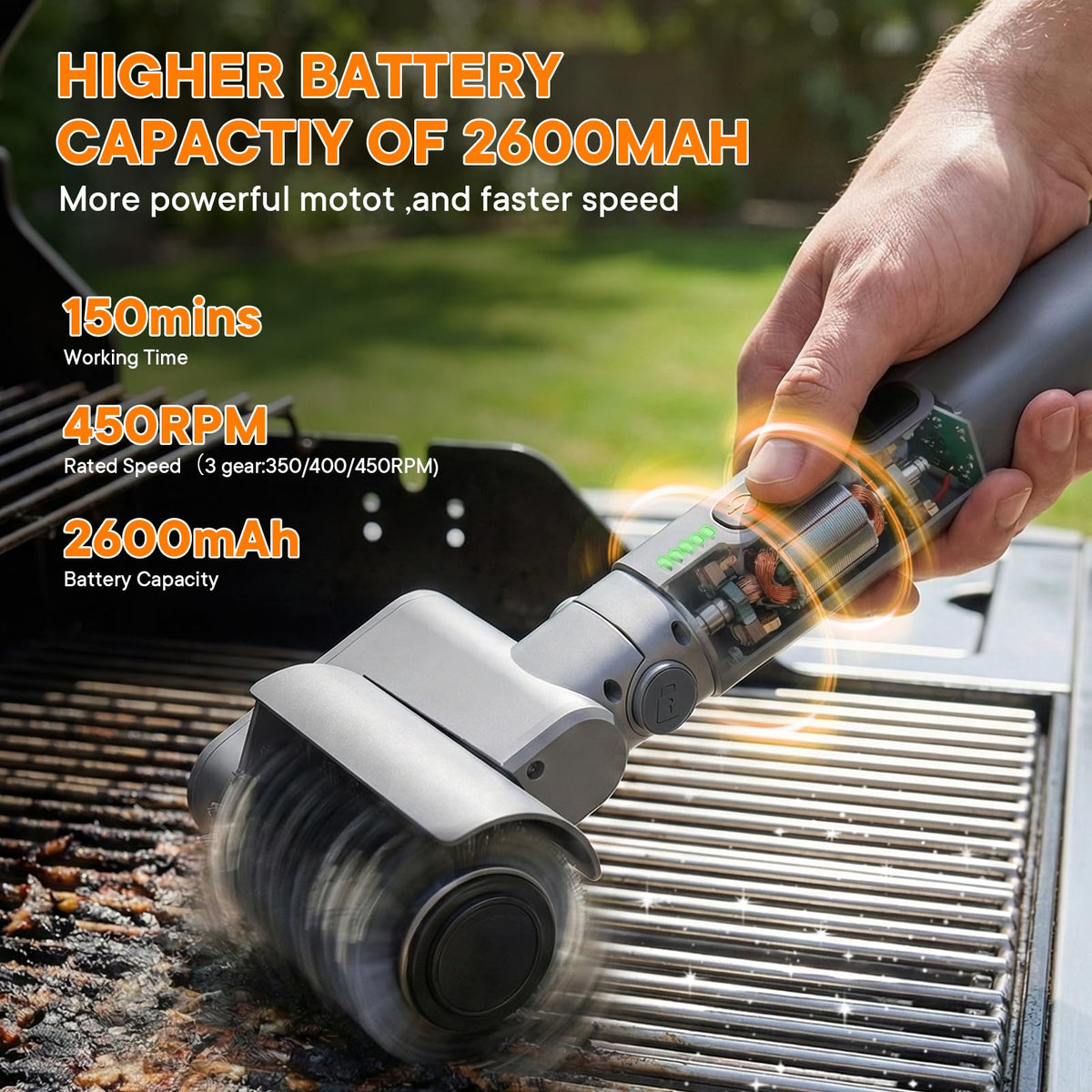 IDACYRIA grill brush shown with long runtime capability
