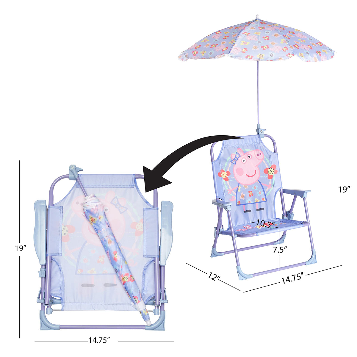 Idea Nuova Peppa Pig kids chair folded for compact storage and travel