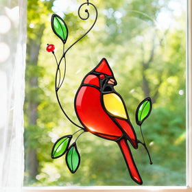 IDEA SHOW cardinal stained glass window hanging catches sunlight with vibrant colors.
