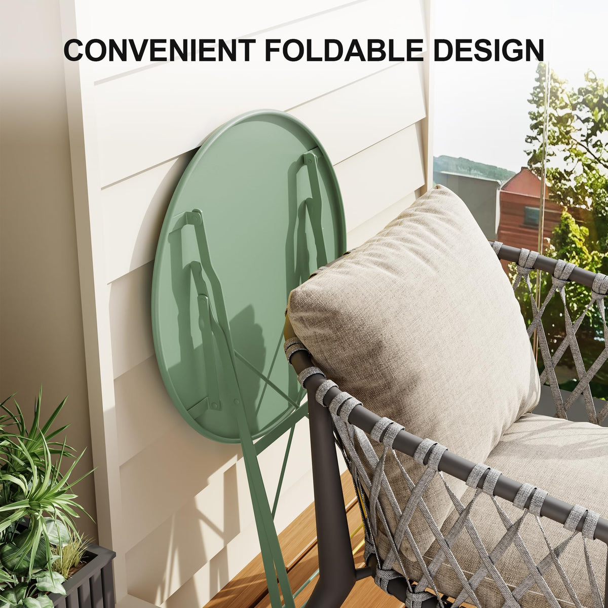 IDEALHOUSE bistro set shown on a balcony for intimate outdoor dining