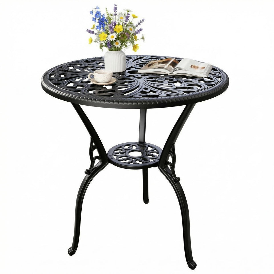 IDEALHOUSE patio 23-inch cast aluminum side table shows durable, all-season construction.