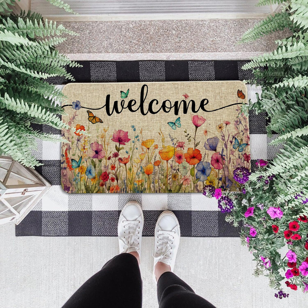 Ideasonna front door mat with watercolor florals enhances welcome messaging.