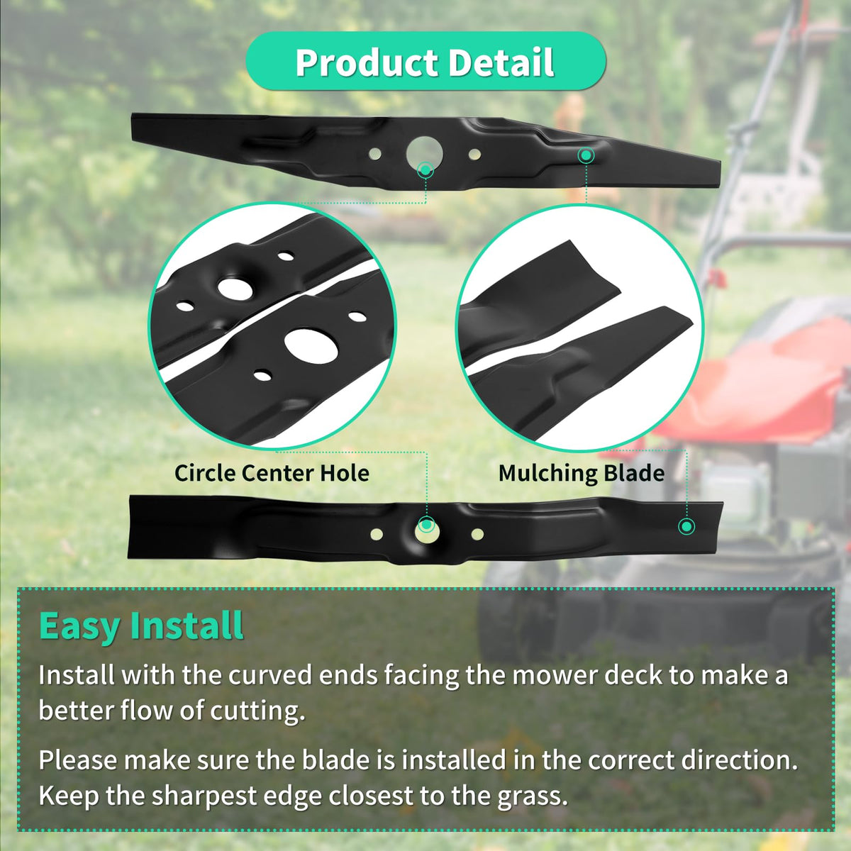 IDEASURE blade durability close-up shows thick steel for vigorous mowing tasks.