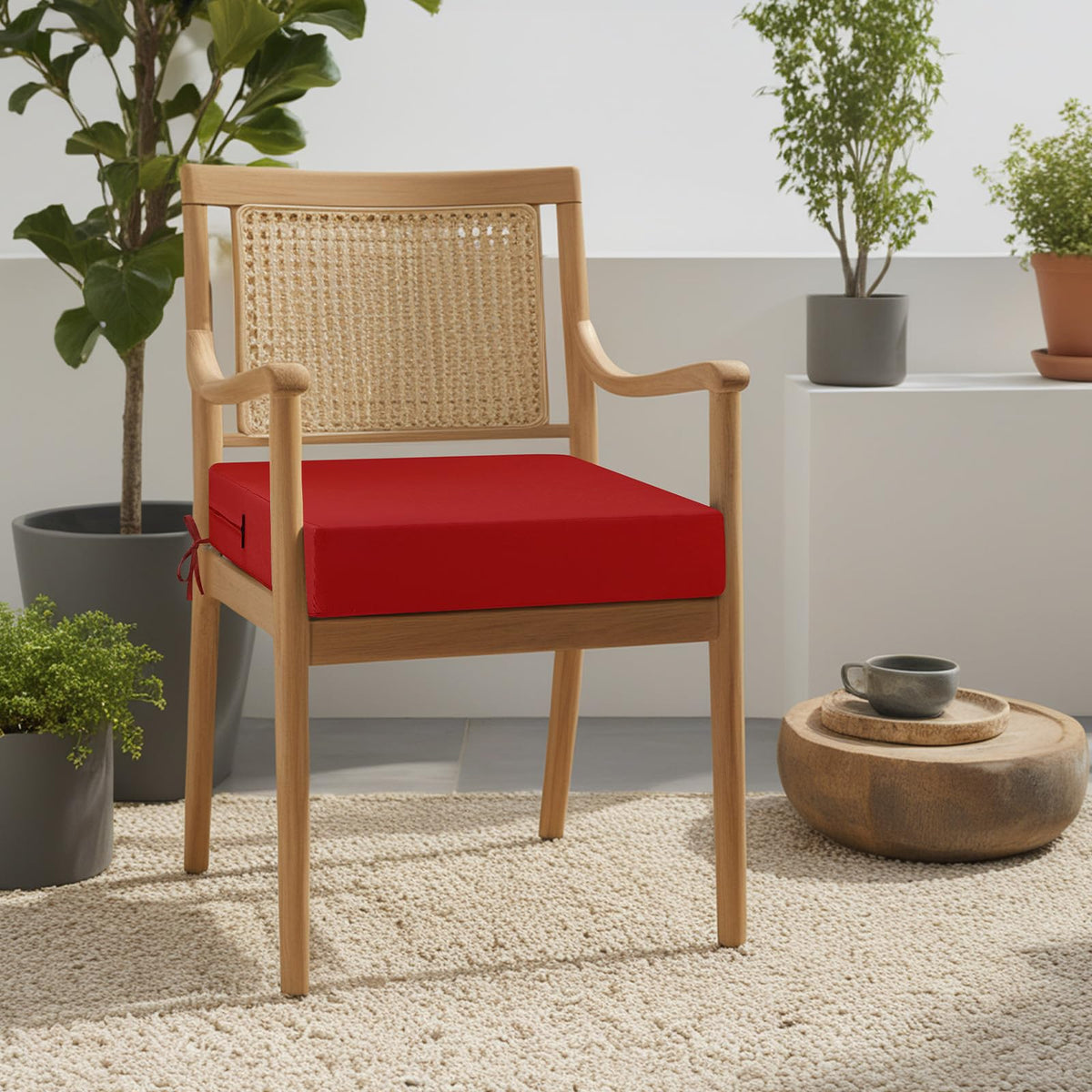 Two cushions with side ties secure on lawn chairs for a tidy, stable look