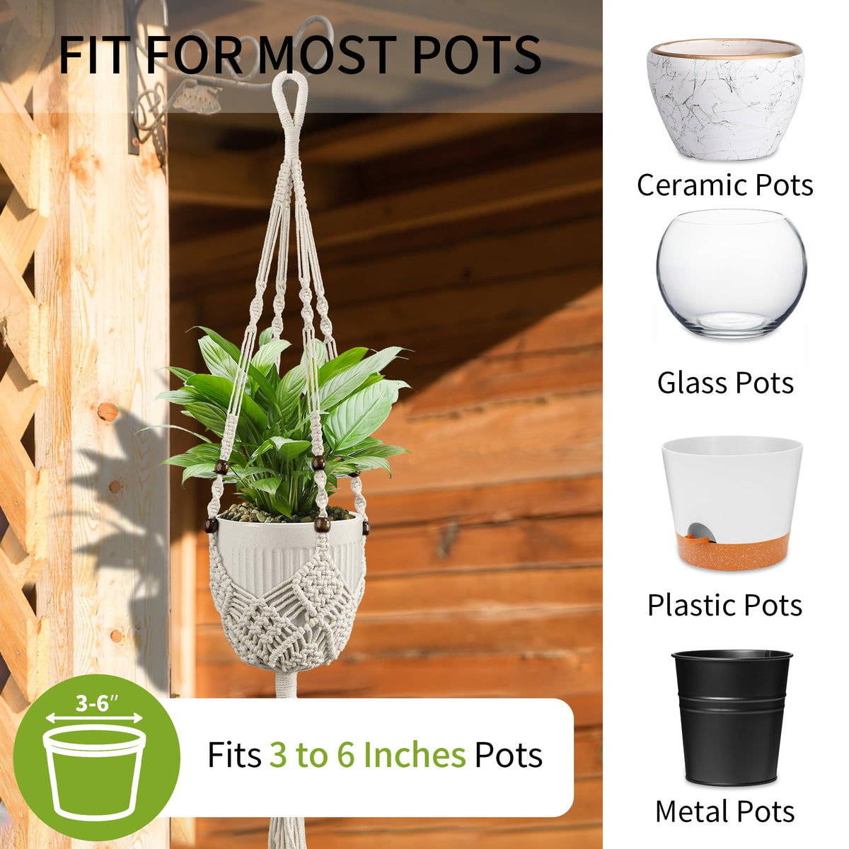IDEEEPAN macrame plant hanger ivory close-up of 3-6in pot-fit for balcony setups