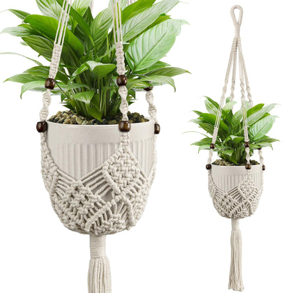 IDEEEPAN macrame plant hanger ivory front view shows sturdy rope for 3–6 inch pots