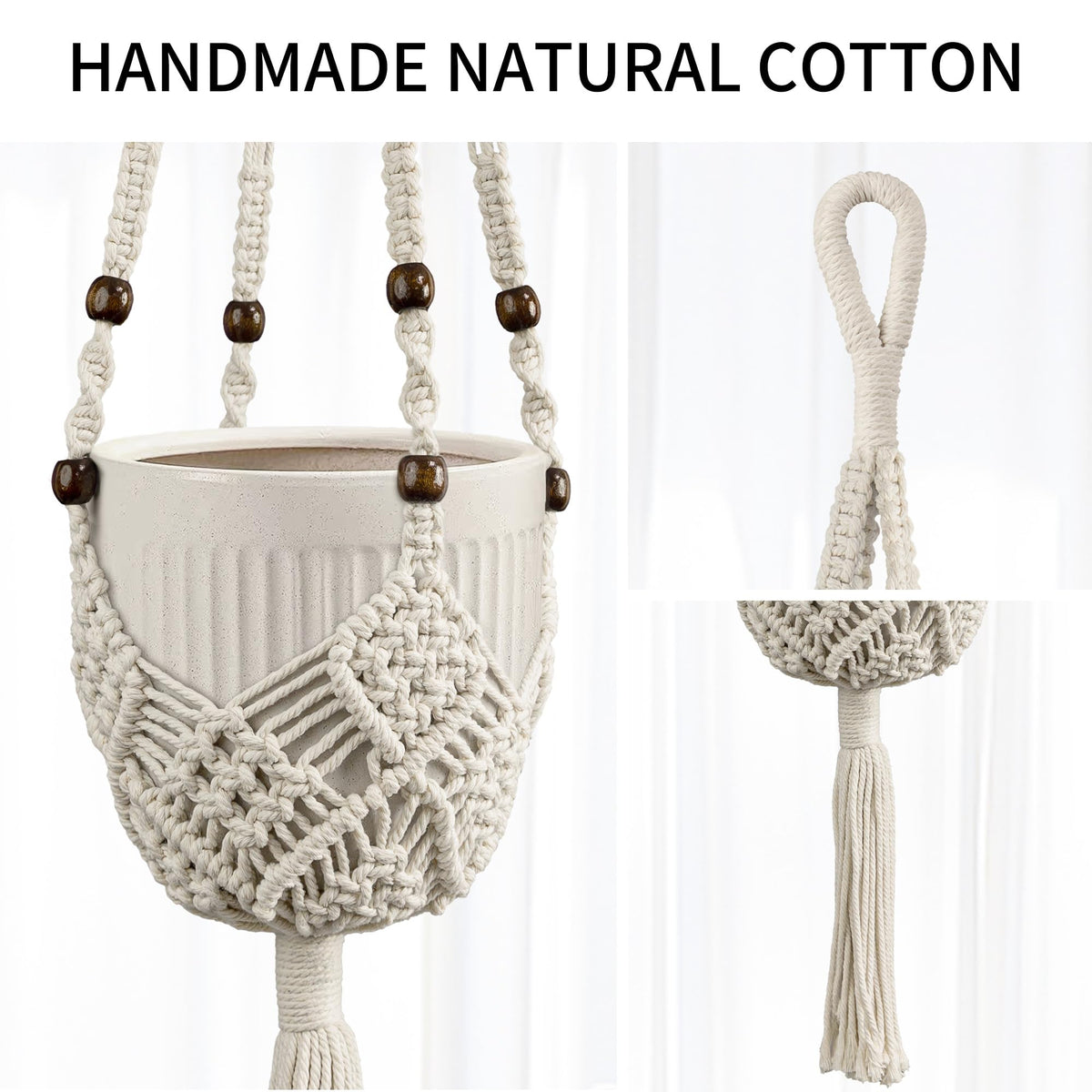 IDEEEPAN macrame plant hanger ivory side view highlighting durable construction