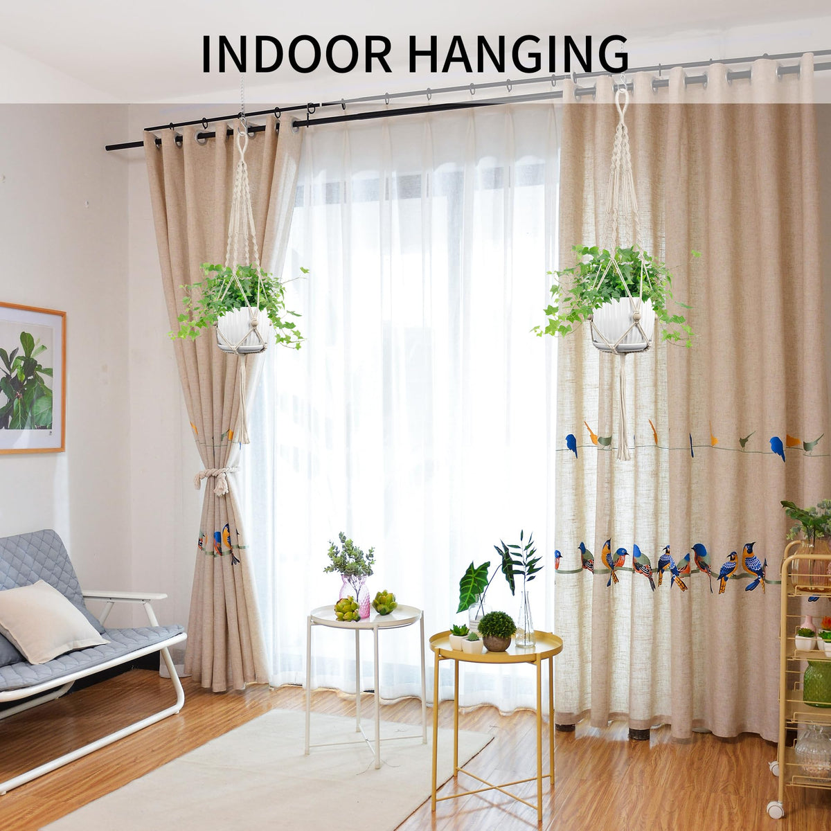 IDEEPAN Macrame Plant Hanger Ivory installs easily on ceilings or walls.