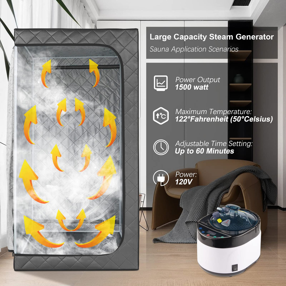 iDOTODO sauna steamer with 16 gear settings and timer display for precise, customizable sessions.