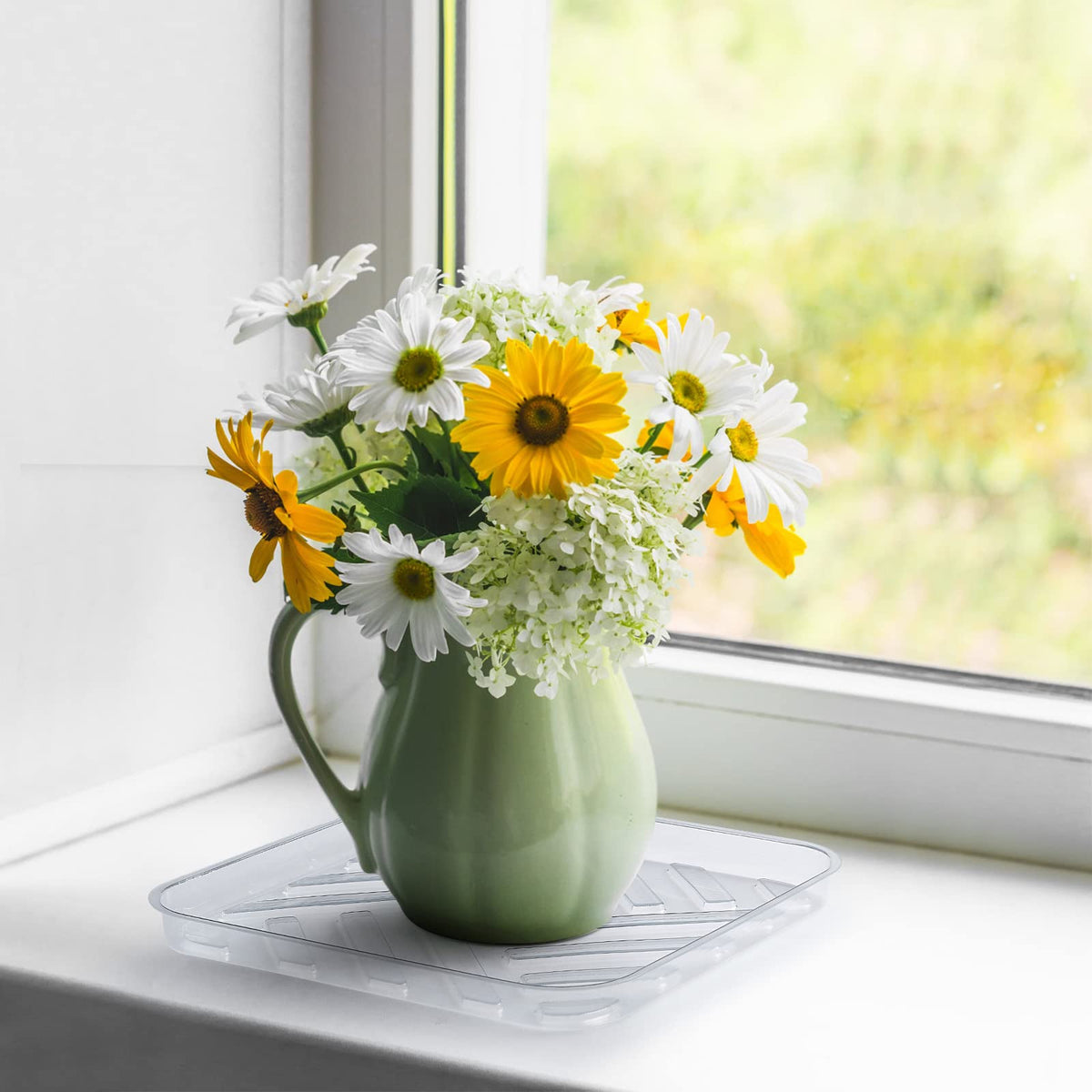 Idyllize clear 11inch square plant saucer in use prevents spills and staining