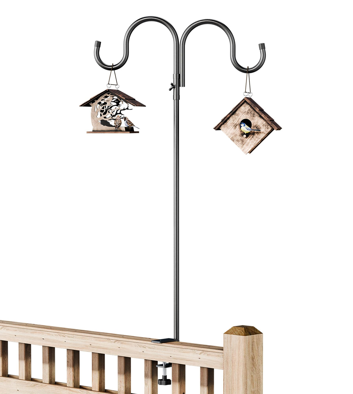 IDZO 40-inch double-deck hook on railing displaying lightweight bird feeder