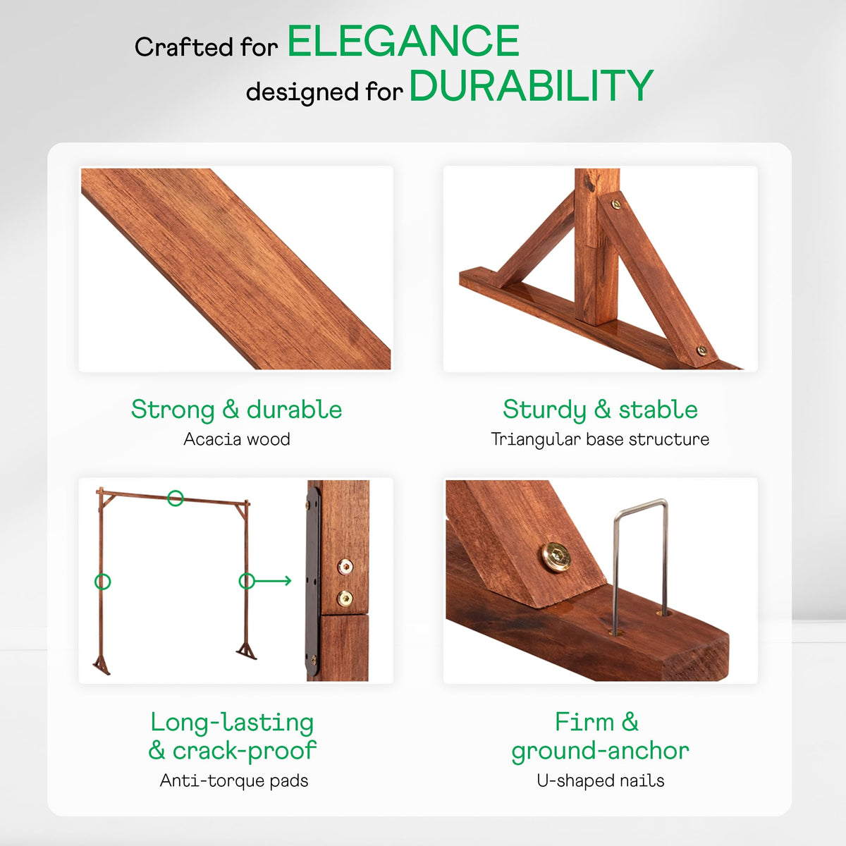IDZO acacia wood arch base detail highlighting reinforced support for stability
