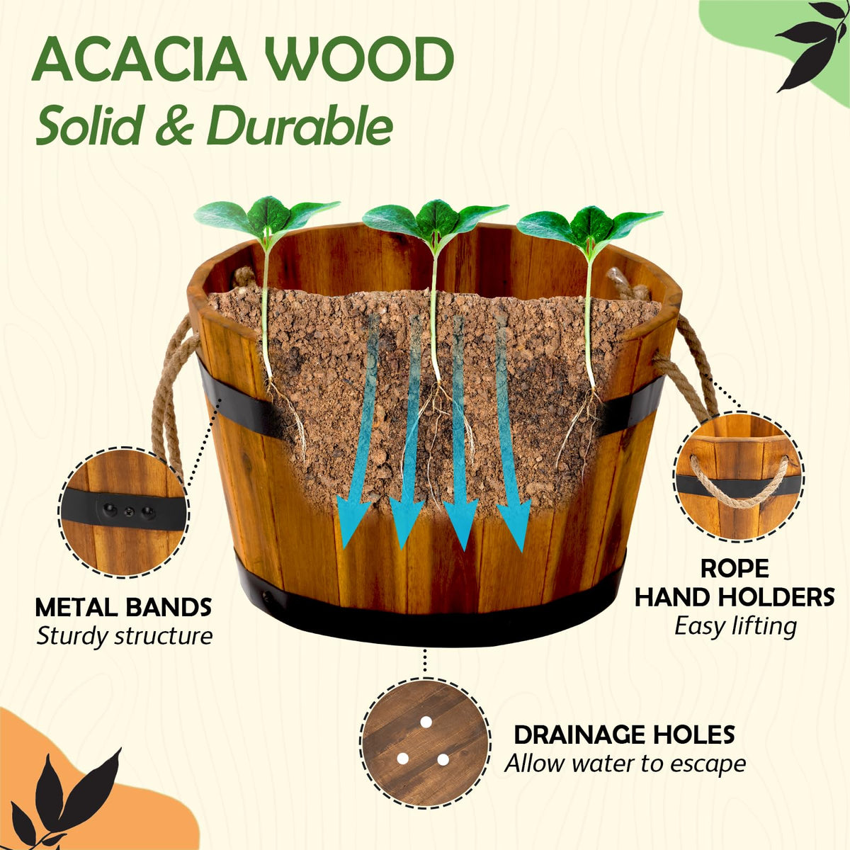 IDZO acacia wood planter close-up showing ergonomic handles
