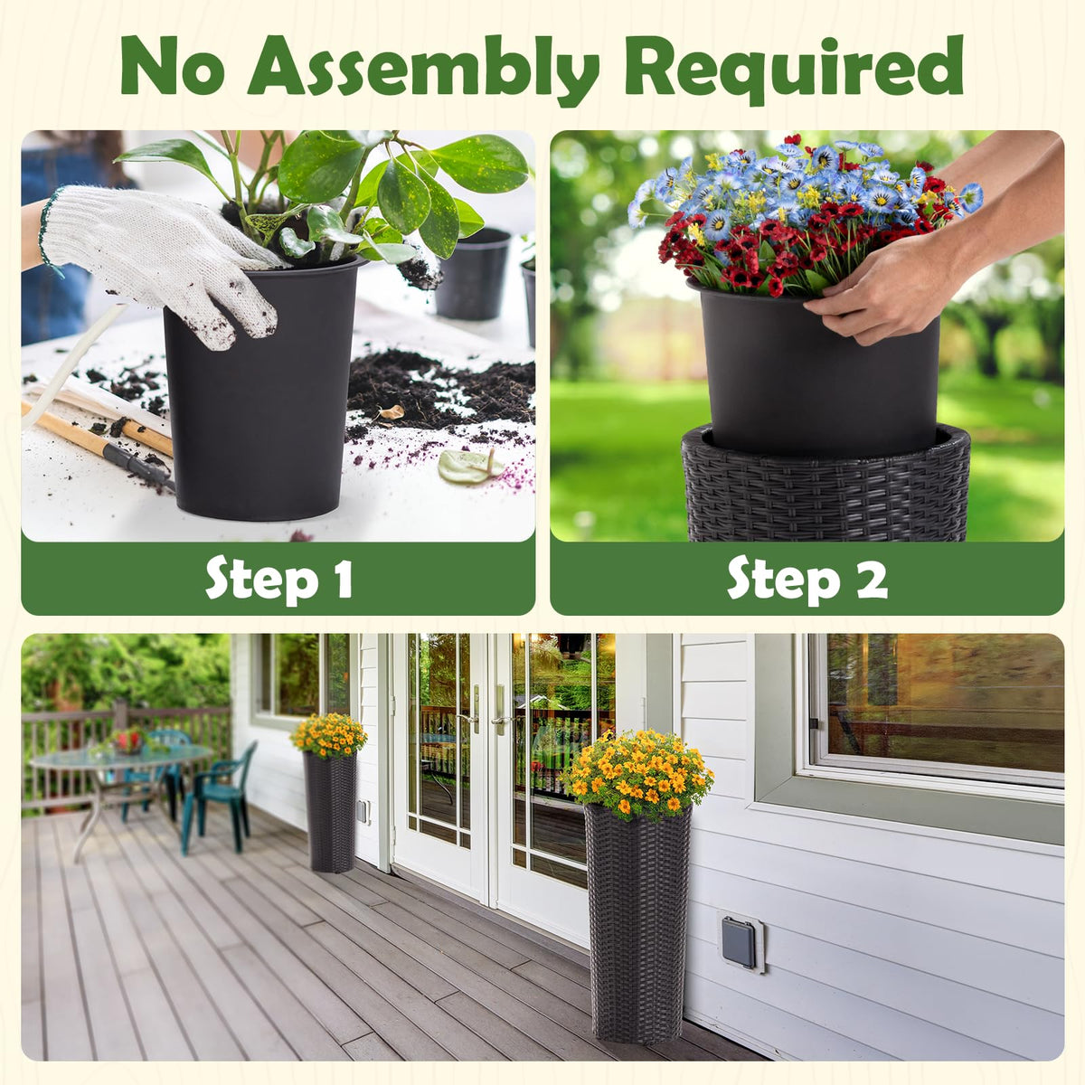 IDZO no-assembly tall planters arrive ready to display with no assembly required.