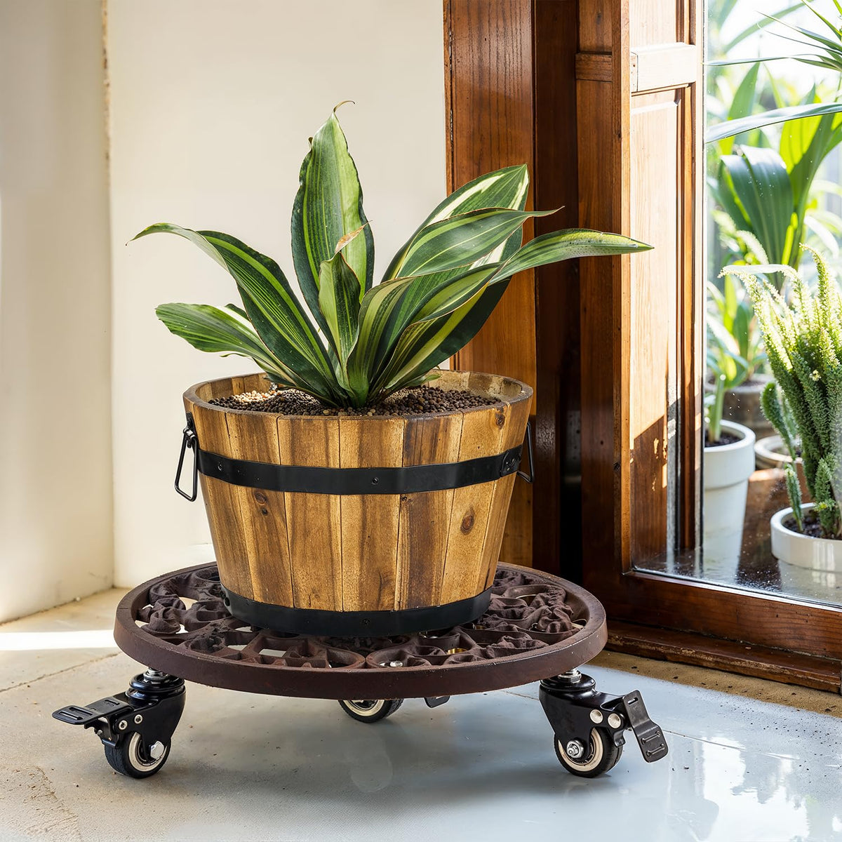 IDZO plant caddy helps move heavy items like whiskey barrels safely.